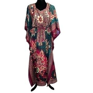 NWT Amazing True Rock Kaftan Floral Beaded String Waist Cover Up Maxi Dress